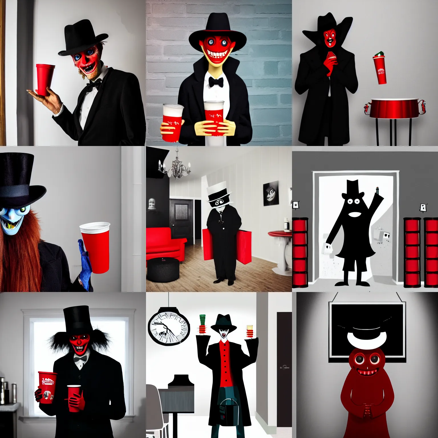 Prompt: the babadook in black hat and coat at a houseparty, awkwardly holding red solo cup filled with beer, standing in corner of room, flash photography 4 k hdr