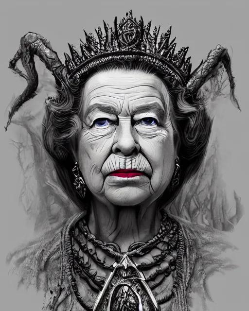 Image similar to Queen Elizabeth II as a hag witch, highly detailed face, realistic face, beautiful detailed eyes, fantasy art, illustration, epic, fantasy, intricate, hyper detailed, artstation, concept art, smooth, sharp focus, by jerad s marantz