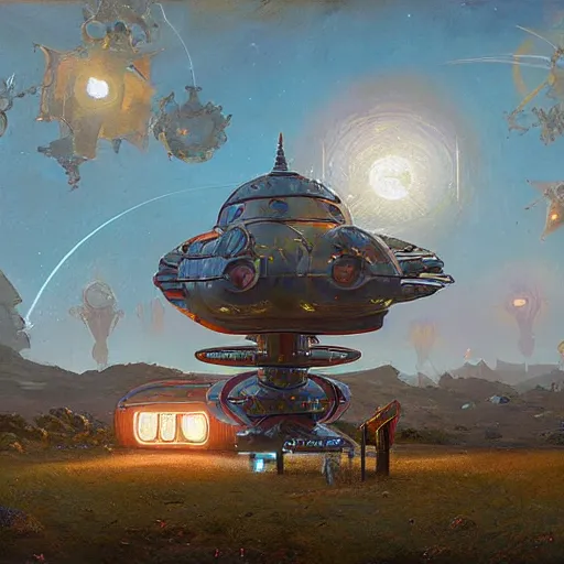 Prompt: painting of artlilery spaceship with ornate metal work lands in country landscape, filigree ornaments, volumetric lights, norm rockwell, simon stalenhag