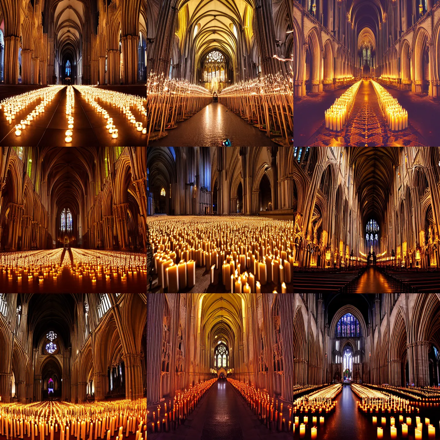 Prompt: symmetry!!! thousands of candles in a gothic cathedral, night, symmetry!!, candles radiate a warm glow, warm light on walls, ultra wide angle, large format, camera position close to floor, big candles in foreground, amazing professional picture, 4 x 5, light bloom, 8 k