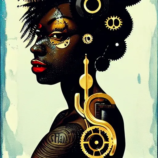 Image similar to portrait of a black woman :: side profile :: in ocean :: clockwork details :: gold :: blood and horror :: by vikings and Sandra Chevrier