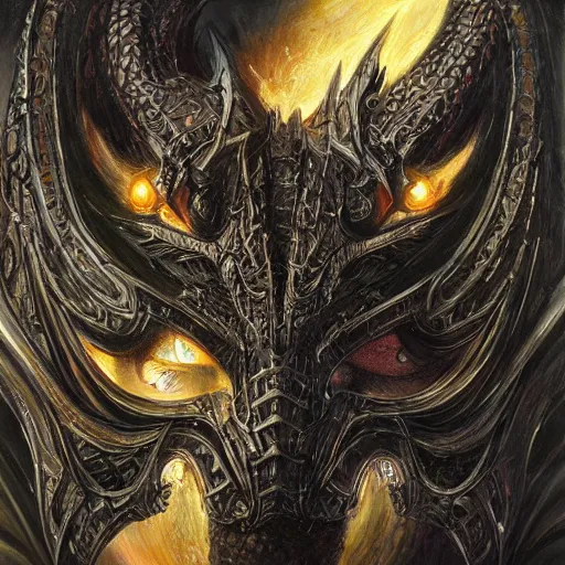Prompt: The black dragon mask, art by Donato Giancola and James Gurney, digital art, trending on artstation