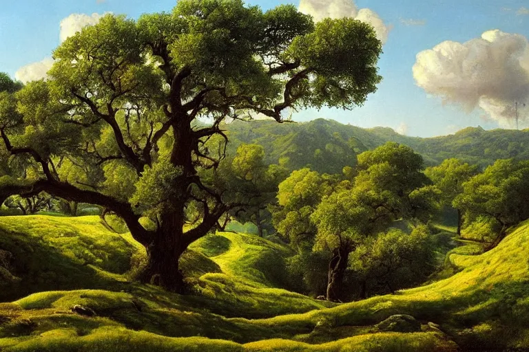 Prompt: masterpiece painting of oak trees on a hillside overlooking a creek, by james c. christensen