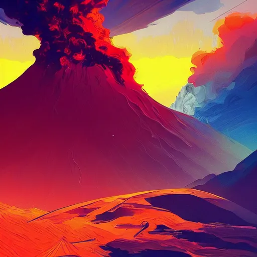 Prompt: volcano eruption, plumes of smoke and ash, rays of sunlight, dramatic lighting, dynamic view, by anton fadeev, alena aenami, vincent van gogh!!!, digital art, concept art, vibrant, colorful, trending on artstation