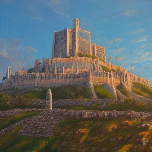 Prompt: A wide shot of Minas Tirith at golden hour, extra detailed, oil painting