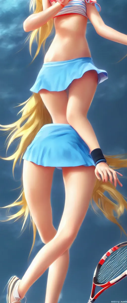 Image similar to a very beautiful young anime tennis girl, full body, long wavy blond hair, sky blue eyes, ( ( ( full round face ) ) ), short smile, bikini, miniskirt, front view, mid - shot, highly detailed, cinematic wallpaper by stanley artgerm lau