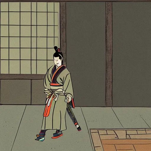 Image similar to a samurai arriving home after a long day of work