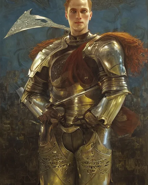 Image similar to aa strong and handsome knight, oil painting, by Edgar Maxence and Ross Tran and Michael Whelan