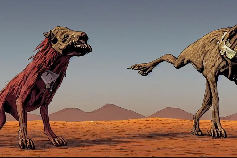 Image similar to monstrous xoloitzcuintli dog in the atacama desert at dusk, hungry and drooling, cracking bones, futuristic comic book by moebius