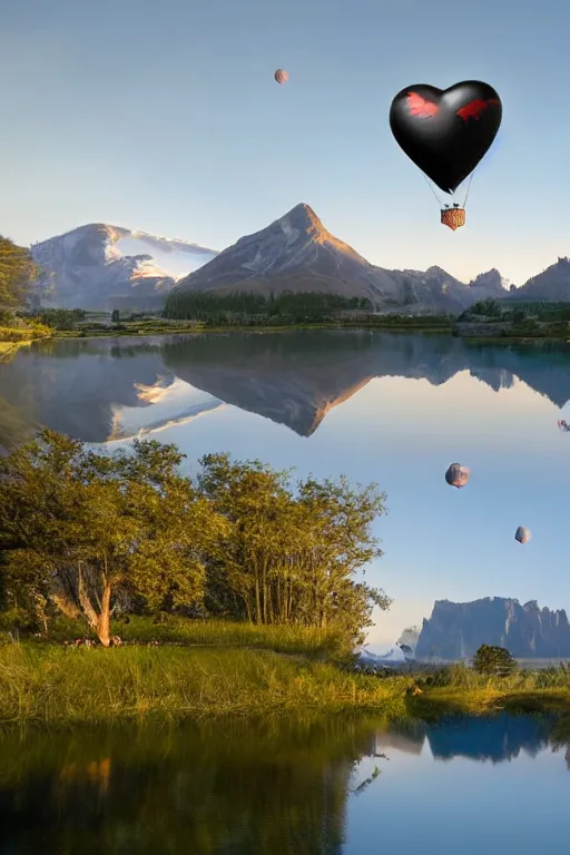 Image similar to Photorealistic photo of two hot air balloons shaped as black swans flying above a reflective mountain lake, touching heads, forming a heart with their necks, beautiful, 8k highly professionally detailed, HDR, CGsociety
