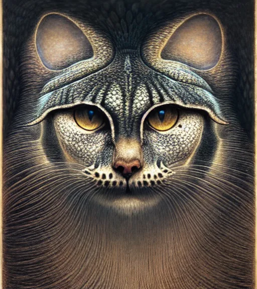 Image similar to detailed realistic beautiful manul face portrait by jean delville, gustave dore, iris van herpen and marco mazzoni, art forms of nature by ernst haeckel, art nouveau, symbolist, visionary, gothic, neo - gothic, pre - raphaelite, fractal lace, intricate alien botanicals, ai biodiversity, surreality, hyperdetailed ultrasharp octane render