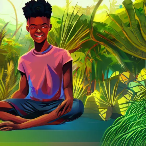 Image similar to concept art of beautiful futuristic, hyperrealistic, sci - fi, smiling african teen boy, peaceful, meditating, colourful digital art, colourful jungle, trending on artstation, detailed