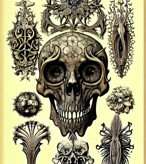 Image similar to memento mori by arthur rackham, art forms of nature by ernst haeckel, exquisitely detailed, art nouveau, gothic, ornately carved beautiful skull dominant, intricately carved antique bone, art nouveau botanicals, ornamental bone carvings, art forms of nature by ernst haeckel, horizontal symmetry, arthur rackham, ernst haeckel, symbolist, visionary