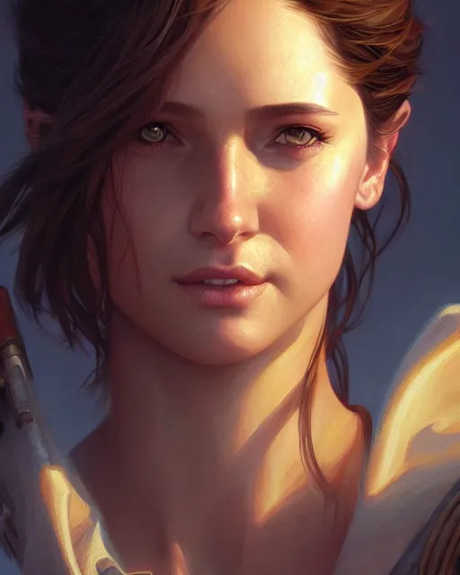 Image similar to Chloe (Uncharted), closeup, D&D, fantasy, intricate, elegant, highly detailed, digital painting, artstation, concept art, matte, sharp focus, illustration, hearthstone, art by Artgerm and Greg Rutkowski and Alphonse Mucha