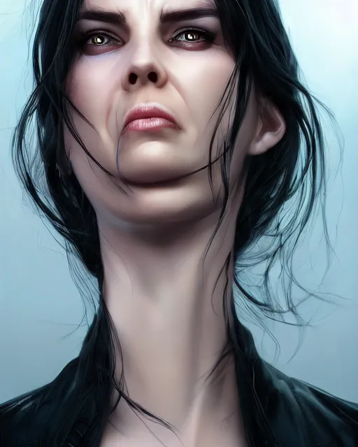 Prompt: portrait of evil a tall 4 0 - year - old woman with thin lips, heavy - lidded eyes, a strong jaw and long, thick shining black hair, thick eyebrows and long eyelashes, wearing in black clothes, hyper realistic face, beautiful eyes, character art, art by mark brooks, hyperdetailed, cryengine, trending on artstation, digital art