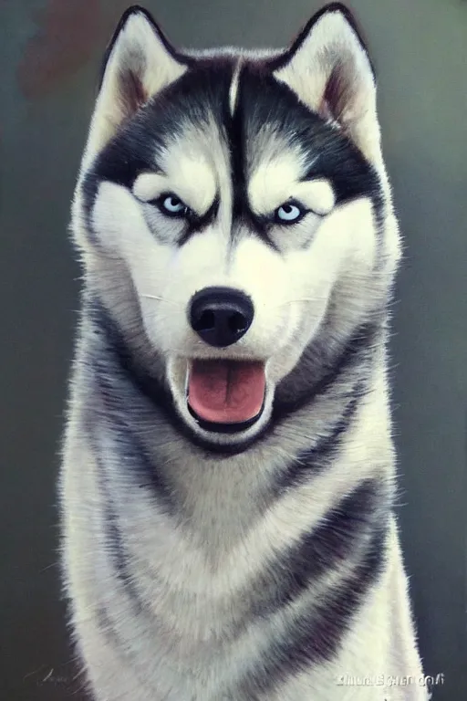 Image similar to portrait painting of a husky wearing a white vest