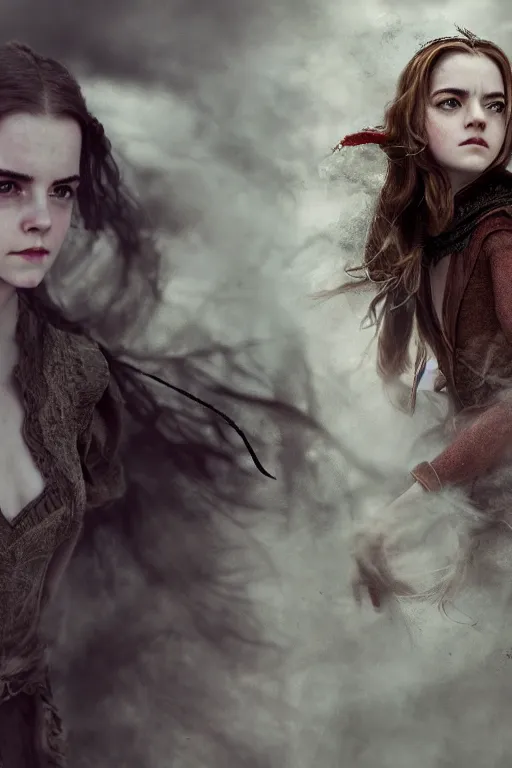 Image similar to a mix of of emma watson, anya taylor - joy and emma stone, sorceress elf, lord of the rings, movie still, hyperrealism, octane render, extremely detailed, intricate smoke magic, lace, style of mark ryden, earl nore, hyung tae, frank frazetta