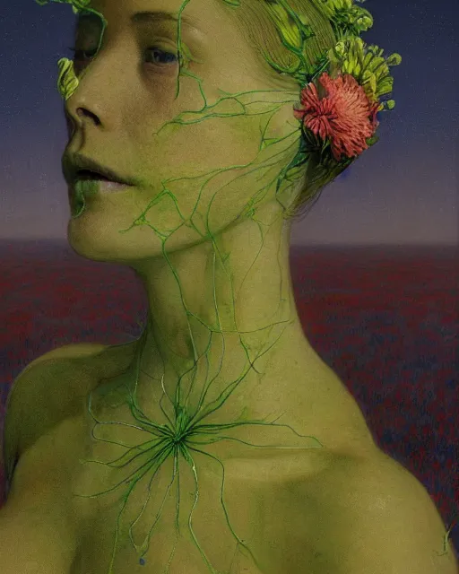 Image similar to A portrait of a woman wearing clothes made out of dying flowers, nuclear explosion in the background, Masterpiece, green skin, glowing, wires everywhere, by Edgar Maxence and Ross Tran, Zdzisław Beksiński, and Michael Whelan, distant, gustav dore, H.R. Giger, 8k, octane render