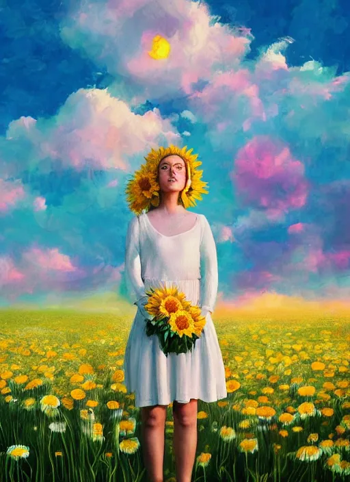 Image similar to girl face made of giant daisies, standing in a flower field, holding flowers, surreal photography, sunset dramatic light, impressionist painting, colorful clouds, large sky, digital painting, artstation, simon stalenhag