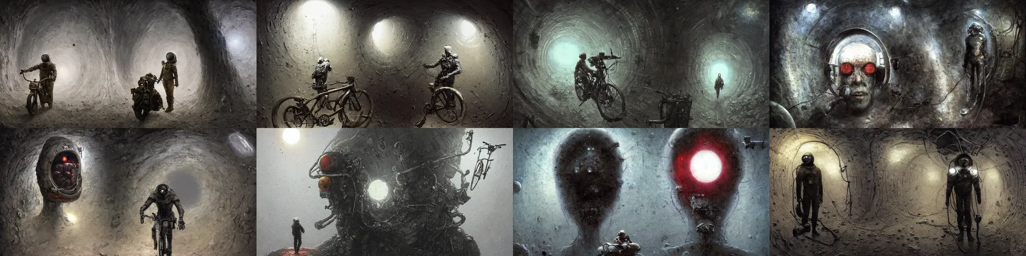 Prompt: portrat soviet cosmonavt on old broke bike in the dirty cave, moscow metro, space travel, art by beksinski and stephan martiniere, fatal, singularity, cold, claustrophobia, steamcore, closely