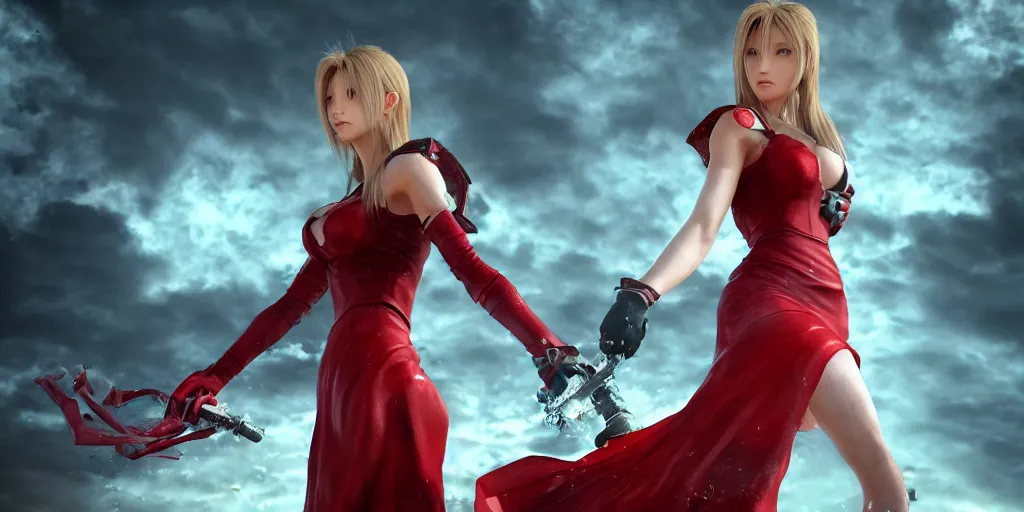 Prompt: epic scene of very attractive final fantasy 7 female character, detail face, lovely eyes and lips, with amazing detail red dress ) ( fighting ) hyper realistic 3 d render, art station, particles, epic scene, mucha, clouds, jump pose, blur focus, action,