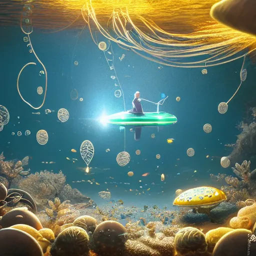 Image similar to tiny wooden submarine, floating, rbc, radiolaria, protophyta, micro - organisms, center frame, symmetric, rim light, marine microbiology, bioluminescence, electric, soft, concept art, intricate details, highly detailed, colorful, photorealistic, disney pixar, octane render, iridescent, anime, 8 k