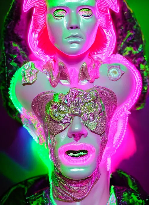 Image similar to photo of baroque and bladerunner delicate neon diamond sculpture of ceramic seductive albino prince diego villarreal rock and roll sticking tongue out, creamy pink iridescent humanoid deity wearing tiger fur hoody holding diamond skull in a green metallic dungeon, reclining, glowing rainbow face, crown of white diamonds, cinematic lighting, photorealistic, octane render 8 k depth of field 3 d