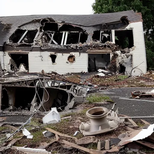 Image similar to an old village house, in the ground a large funnel from the explosion, around people take pictures of this funnel