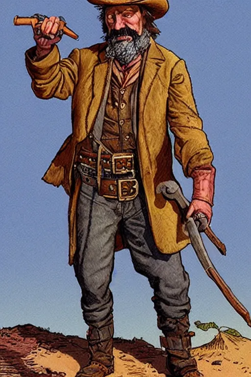 Image similar to vernon. Old rabbit dressed as an old west prospector. concept art by James Gurney and Mœbius.