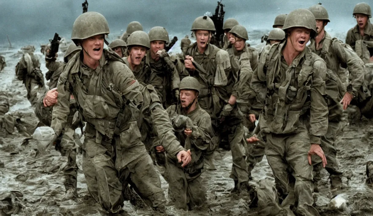 Image similar to Hollywood image of Matthew Lillard as shaggy from scooby doo, storming the beaches of Normandy, with soldiers by his side, saving private Ryan, 70mm film, HD, high detail, photorealistic, epic shot, Hollywood cinematic masterpiece, Christopher Nolan