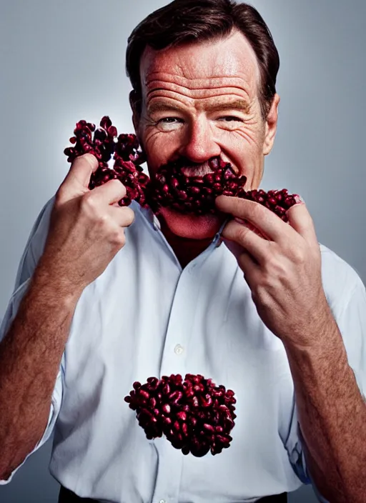 Image similar to bryan cranston bulging cheeks eating cranberries, open mouth filled with cranberries, studio light, bloom, detailed face, magazine, press, photo, steve mccurry, david lazar, canon, nikon, focus