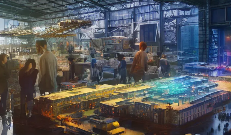 Image similar to group of people in simple warehouse, looking at hologram of futuristic city on a table, cinematic concept art, godrays, golden hour, natural sunlight, 4 k, clear details, tabletop model buildings, center model buildings, hologram center, crane shot, crane shot, crane shot