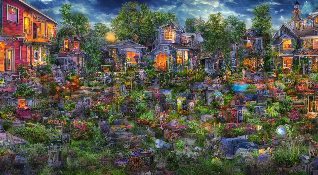 Prompt: a liminal space neighborhood. 8 k resolution, beautiful, digital art, maximalist.