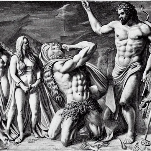 Image similar to The conceptual art depicts the mythical hero Hercules in the moments after he has completed one of his twelve labors, the killing of the Hydra. Hercules is shown standing over the dead Hydra, his body covered in blood and his right hand still clutching the sword that slew the beast. His face is expressionless, betraying neither the exhaustion nor the triumph that must surely accompany such a feat. Moulin Rouge!, x-ray photography by Jakub Rozalski relaxed, weary