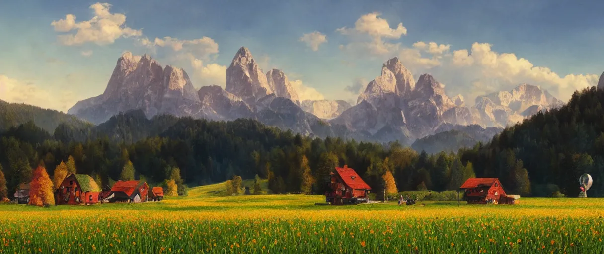 Image similar to a ultra photorealistic and sharp film still of an a sunny and colourful open field in 1 9 0 0 in the middle of the bavarian alps, germany. wide shot, wes anderson, studio ghibli, pixar and disney animation, octane render, anime key art by greg rutkowski, dramatic lighting, award winning photography