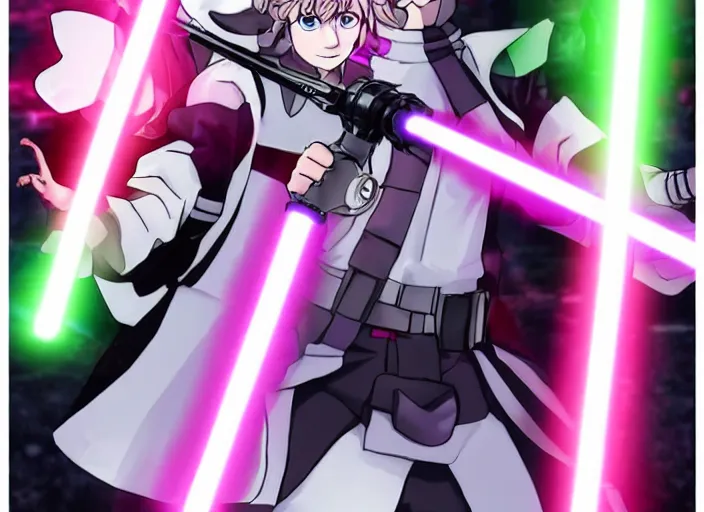 Prompt: luke skywalker beats junko enoshima from danganronpa in an epic lightsaber battle, digital art, 8 k, highly detailed, dynamic lighting, green vs pink lightsabers