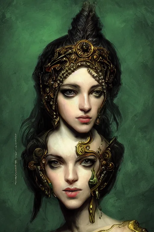 Prompt: portrait, headshot, digital painting, of a 17th century, beautiful, decadent, cyborg merchant girl, Borgia, dark hair, amber jewels, baroque, ornate dark green clothing, scifi, futuristic, realistic, hyperdetailed, underexposed, chiaroscuro, concept art, art by enki bilal and rembrandt