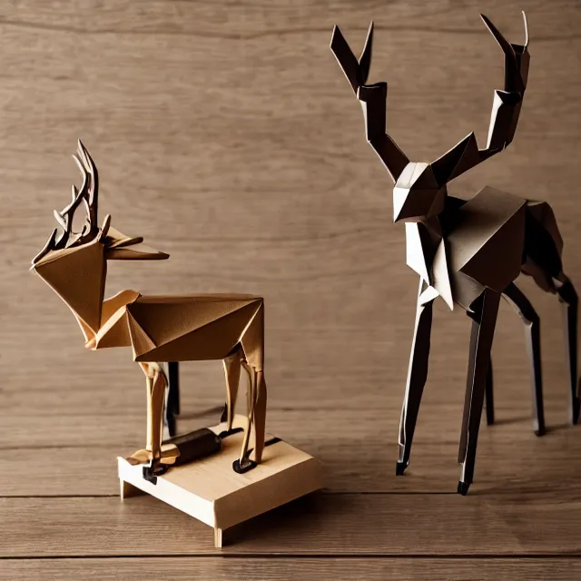 Image similar to a photograph of a deer origami and a robot origami on top of a wooden table