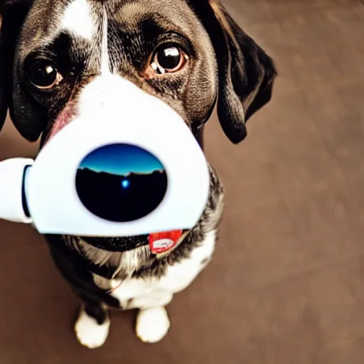 Prompt: fisheye lens photo of a dog wearing a fake moustache