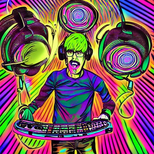 Prompt: artgerm, psychedelic ben folds, rocking out, headphones dj rave, digital artwork, r. crumb, svg vector