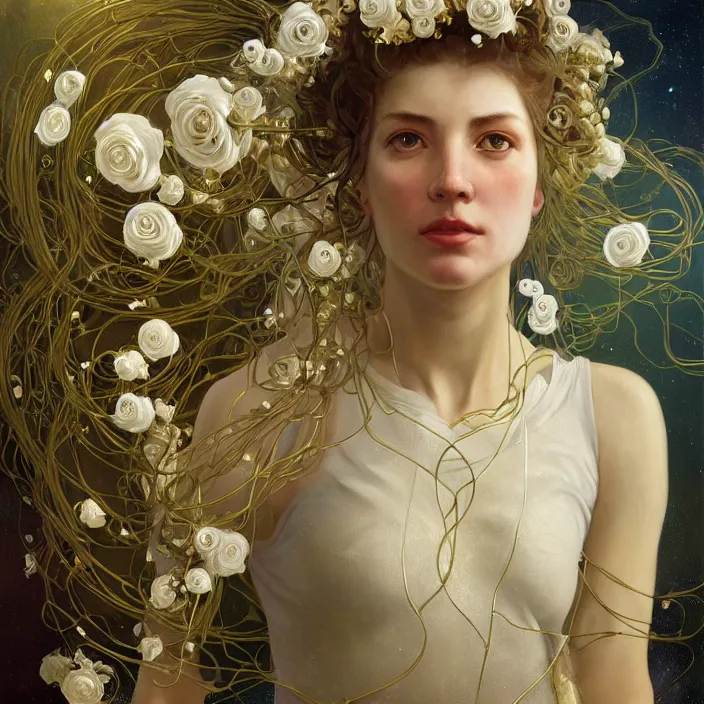 Image similar to hyperrealist portrait of a 2 0 4 4 space sport engineer, it is decorated with long gold wires and white roses that fall like vines and wears a huge computer crown. by jeremy mann and alphonse mucha, fantasy art, photo realistic, dynamic lighting, artstation, poster, volumetric lighting, dramatic light, very detailed faces, 8 k, award winning