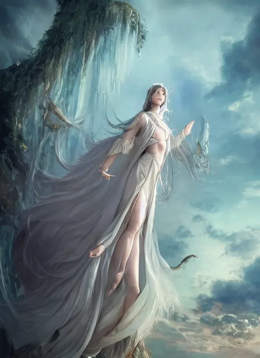 Image similar to a beautiful sorceress floating on air with elegant looks, flowing robe, ornate and flowing, intricate and soft by miho hirano, ruan jia, tom bagshaw,, wlop, beautiful roman architectural ruins in the background, epic sky, half body shot, vray render, artstation, deviantart, pinterest, 5 0 0 px models