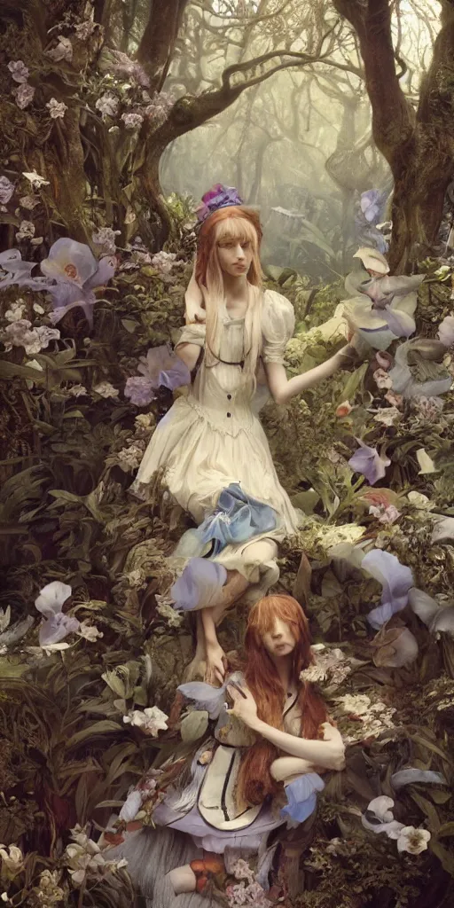 Prompt: Alice in wonderland, masterpiece by Edgar Maxence and Ross Tran and Michael Whelan, gustav dore, 8k, octane render