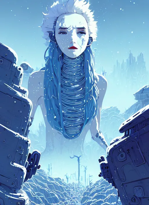 Image similar to highly detailed portrait of wasteland punk long curly white icey shard hair tribal lady, stray wiring by atey ghailan, james gilleard, by joe fenton, by greg rutkowski, by greg tocchini, by kaethe butcher, 4 k resolution, gradient blue, cyan, black and white color scheme!!! ( ( snowy glaciated robotic dystopian city background ) )