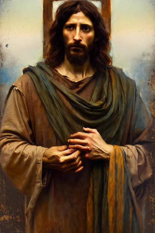 Image similar to photograph imax and solomon joseph solomon and richard schmid and jeremy lipking victorian loose genre loose painting full length portrait painting of jesus