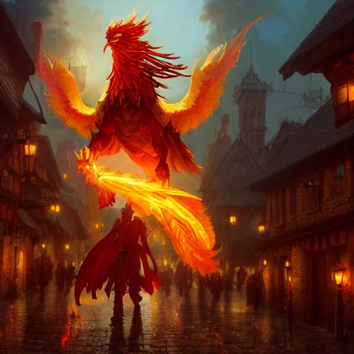 Prompt: Anthropomorphic phoenix in fire flying through a medieval town by night, DnD character, unreal engine, octane render, dramatic lighting, pond, digital art, by Stanley Artgerm Lau, greg rutkowski, thomas kindkade, alphonse mucha, loish, norman Rockwell