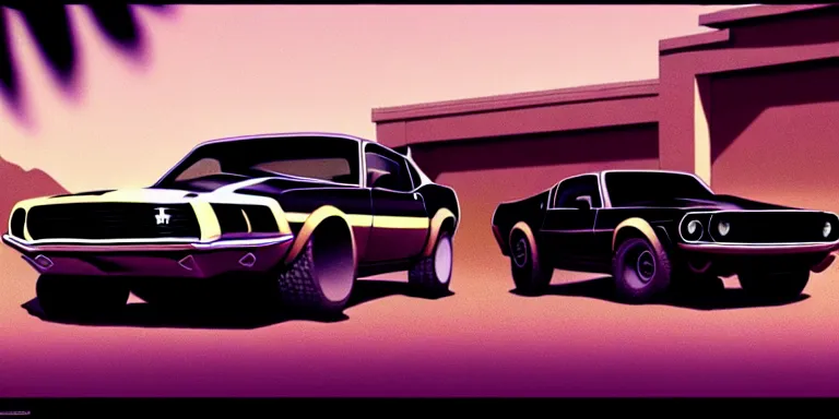 Prompt: a cinematic keyframe matte painting of a sleek 1 9 7 0 s vaporwave concept retro - futurism sci - fi ford mustang fast back knight rider blacked out car in an open garage in the american southwest, view from the street. cactus. by eric lafforgue, glennray tutor and edward hopper, greg rutkowski. trending on artstation.