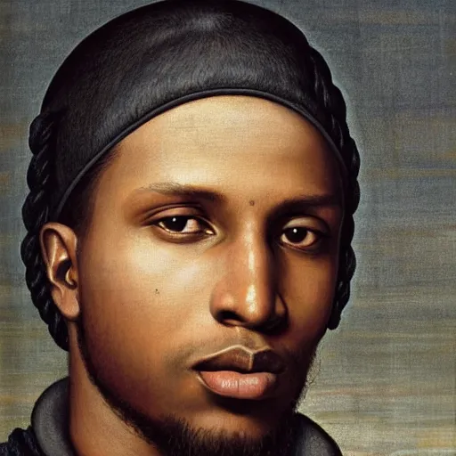 Image similar to a renaissance style portrait painting of asap rocky