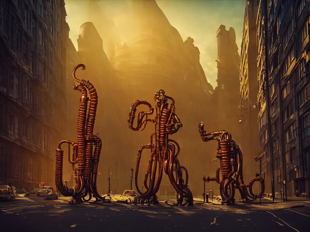 Prompt: a giant ancient beautiful cyborg of the elder gods with pipes and tubes in the city of London, London streets in background, colourful, dramatic lighting, golden hour, very detailed octane render very realistic beautiful