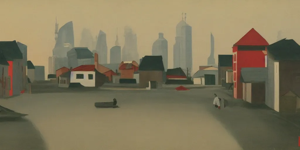 Image similar to In the foreground is a small red house, and in the background is the smoky Shanghai City, George Ault painting style.
